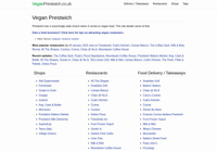 The Vegan Prestwich website homepage, listing business names and links to subcategories 'Delivery/Takeaways', 'Restaurants', 'Shops', 'Tags'