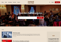 Crumpsall Folk Club website homepage screenshot showing a subscription form and links to 'About' and 'Upcoming'. The site's header image is a photograph of the audience watching a show at the club.